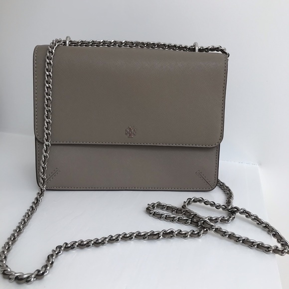 Tory Burch Handbags - Tory Burch Gray Leather Shoulder Bag Silver Chain